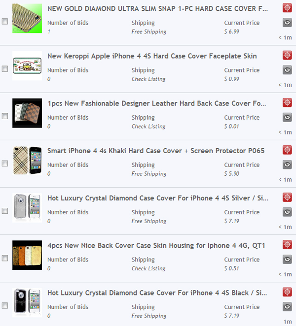 iPhone cases search results on Auction Sniper